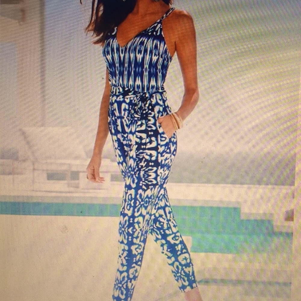 NWT Boston Proper Ikat Jumpsuit Blue Multi Print size 18 stretch knit crisscross
